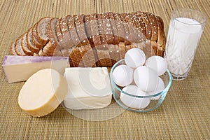 Various Cheeses, Bread, Milk And Eggs