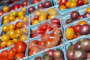 Various cherry and grape tomatoes at a farmer's market