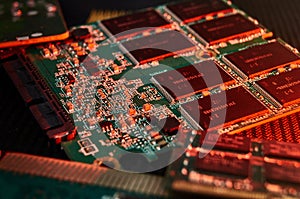 various chips, digital boards. Components of technical devices in creative lighting. Processor, RAM and other parts