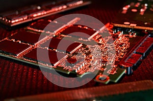 various chips, digital boards. Components of technical devices in creative lighting. Processor, RAM and other parts