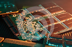 various chips, digital boards. Components of technical devices in creative lighting. Processor, RAM and other parts