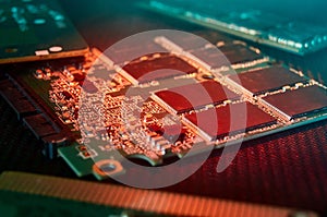 various chips, digital boards. Components of technical devices in creative lighting. Processor, RAM and other parts