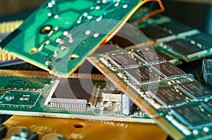 various chips, digital boards. Components of technical devices in creative lighting. Processor, RAM and other parts