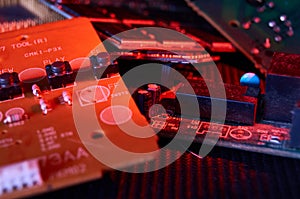 various chips, digital boards. Components of technical devices in creative lighting. Processor, RAM and other parts