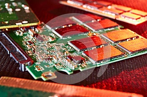 various chips, digital boards. Components of technical devices in creative lighting. Processor, RAM and other parts