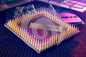 various chips, digital boards. Components of technical devices in creative lighting. Processor, RAM and other parts