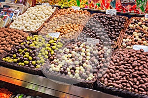 Various chocolate balls, candies and sweets with price tags