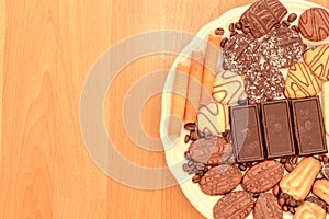 Various chocolate cakes on the table