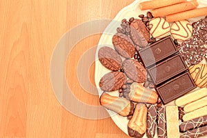 Various chocolate cakes on the table
