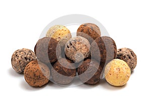 Various chocolate candies close-up. Belgian truffles on a white background