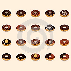 Various chocolate-glazed doughnuts in a grid pattern