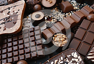 Various chocolates and candies, sweet confectionary collection, dessert background