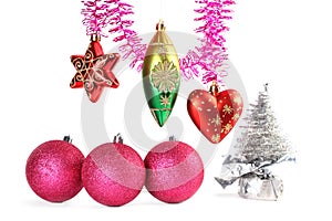 Various christmas-tree decorations and tinsel