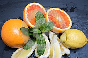 Various citrus fruits and mint