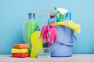 Various cleaning products and household supplies