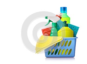 Various cleaning products and household supplies