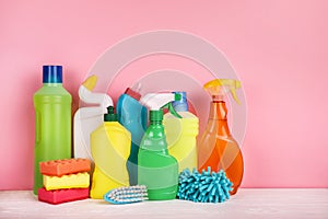 Various cleaning products and household supplies