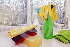 Various cleaning supplies for housekeeping. Cleaning humidity. Domestic life