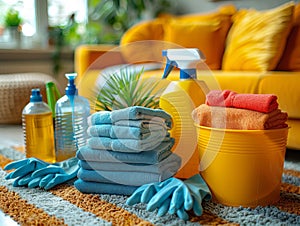 Various cleaning tools items and supplies for washing apartments standing on the living room floor.