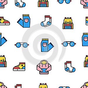 Various clothes, shoes, glasses, bags, socks, jeans. Minimalistic icons. Colorful graphic vector seamless pattern