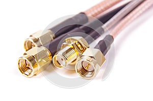 Various coaxial cables SMA connectors close up