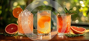 Various cocktails with fruits and spices, ice cube, alcohol drink with juice, wisky and vodka