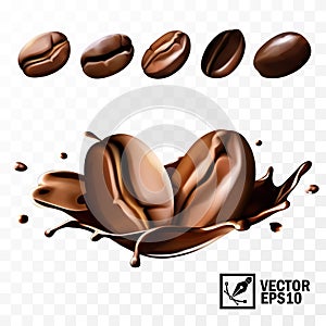 Various coffee beans with the ability to substitute in the coffee splash, 3D realistic isolated vector, editable handmade mesh
