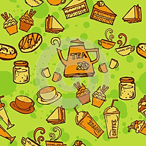 Various coffee,cake,cupcake,Sandwich,cookie , appetizer and beverage seamless pattern sketch drawing line orange tone Themes and