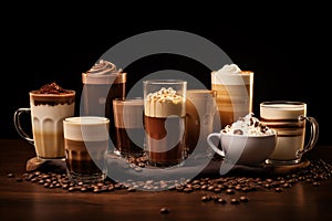 Various coffee and chocolate drinks on a brown background.ai generative