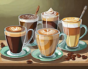 Various coffee drinks in transparent cups