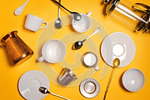 Various coffee making accessories, equipment and utensils: cezve, french press, vietnamese Phin filter etc.