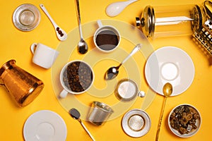 Various coffee making accessories, equipment and utensils: cezve, french press, vietnamese Phin filter etc