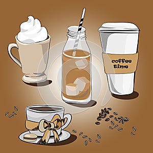 Various coffees. Vector illustration on brown background photo