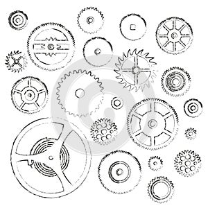 Various cogwheels parts of watch movement doodle icons