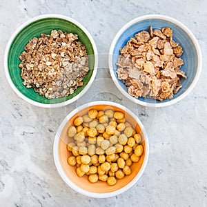 Various of cold breakfast cereals on table