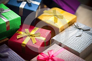 Various color of christmas&happy new year gift boxes stack, reward holiday presents greeting celebration card concept photo