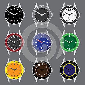 Various color divers watch case and dials with hands