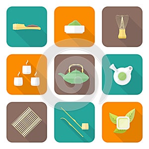 Various color flat style japan tea ceremony equipment icons set