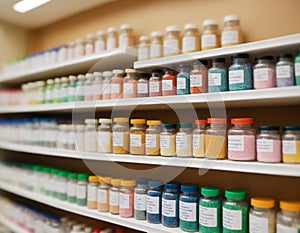 Various colored beads in jars displayed on shelves, organized by color, in a store. Ai-Generated Images