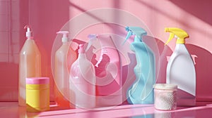 Various colored cleaning bottles on pink counter