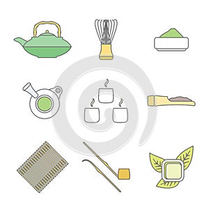 Various colored outline japan tea ceremony equipment icons set