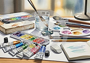 Various colored paints, several paintbrushes, and watercolor