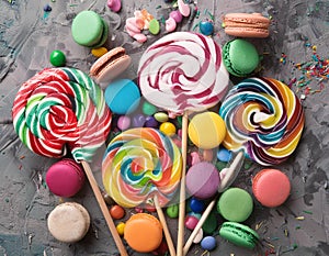 Various colorful candies, lollipops, and macaroons. Sweets on stone background