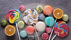 Various colorful candies, lollipops, and macaroons. Sweets on stone background