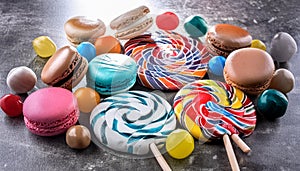 Various colorful candies, lollipops, and macaroons. Sweets on stone background