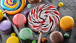 Various colorful candies, lollipops, and macaroons. Sweets on stone background