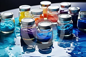 Various colorful cans of paint for creativity