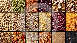 Various colorful cereals and legumes, top view, generative AI.