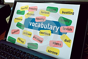 Various colorful English vocabulary on laptop screen