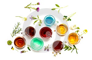 Various colorful herbal tea collection in glass cups on white background